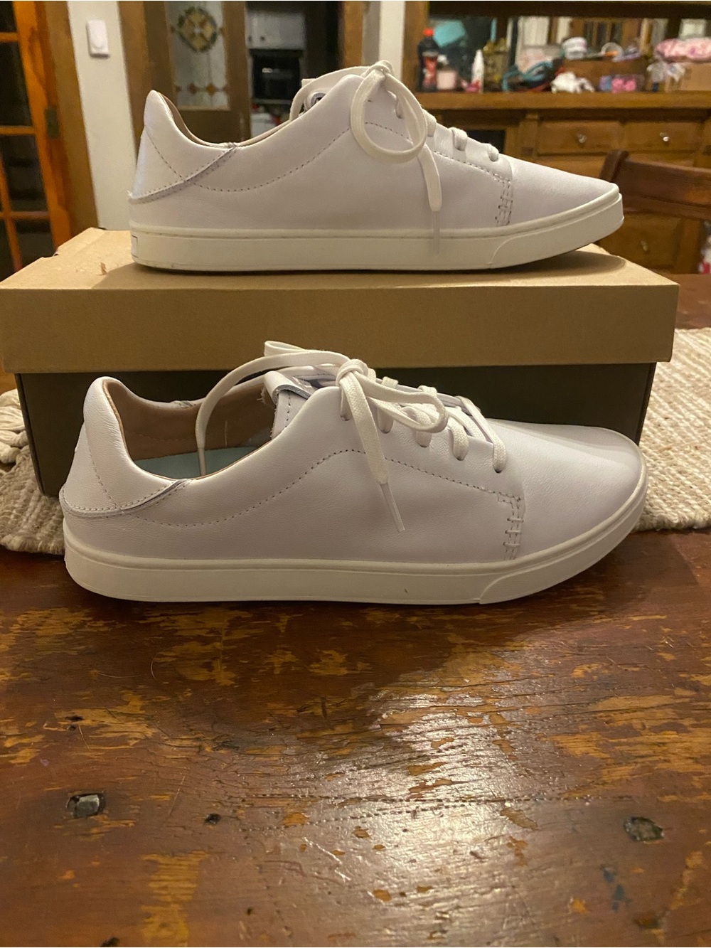 OluKai Women's White Low-Top Leather Lace Sneakers
